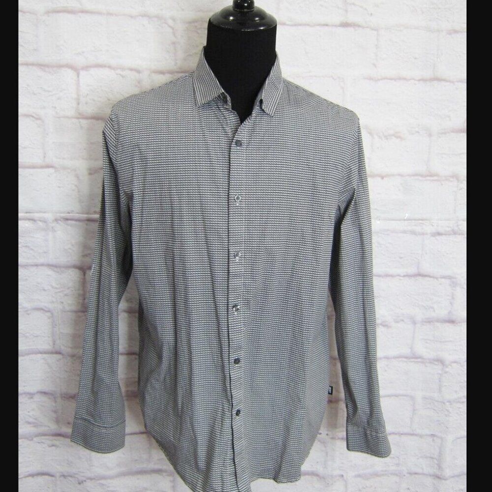 DKNY Black & White Geometric Pattern Long Sleeve Dress Shirt Stretch Size XL